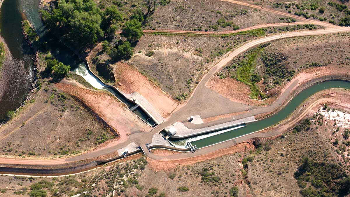 aerial view of Hansen supply canal’s 20-foot flume at Poudre River